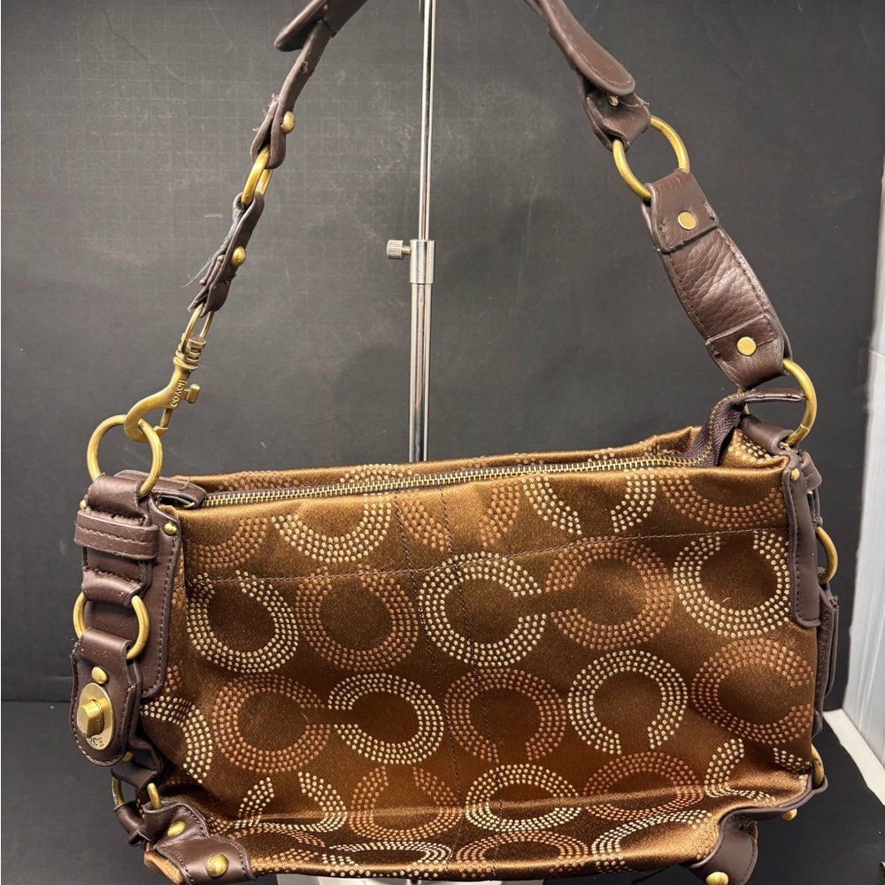 Coach Brown Signature Canvas Shoulder Bag with Brass Accents